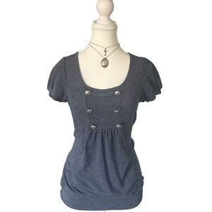 Y2K “Pretty Good” Grey/Blue Button Embellished Short Puff Sleeve Top